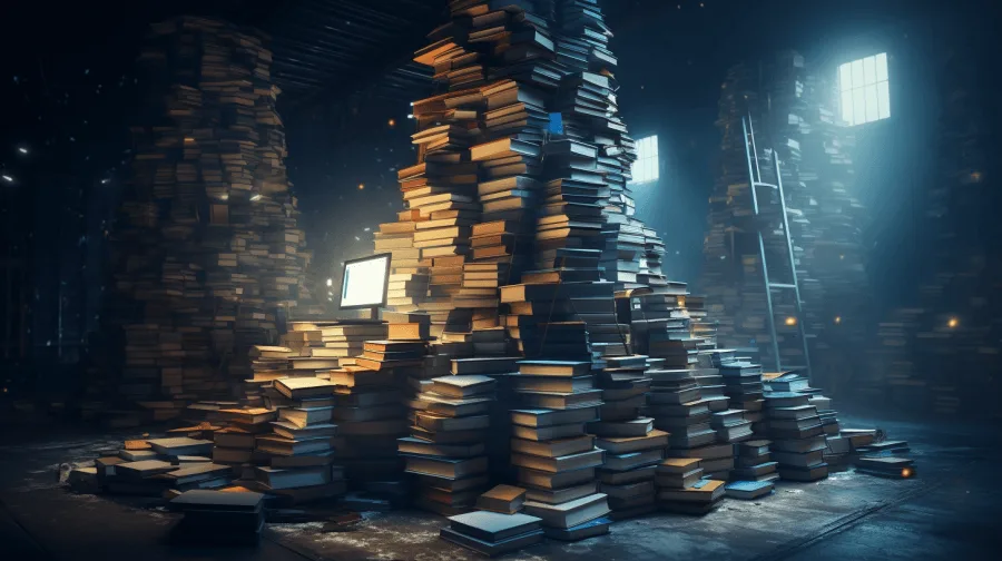 A massive pile of books in a warehouse, representing the scale of text LLMs are trained on